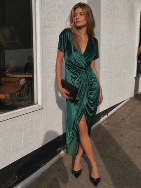 Baltic Born Emerald Wrap Midi Dress - Elegant Ruched V-Neck